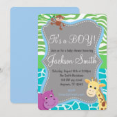 Cute Boy Baby shower Zoo Animal Invitation Kaart (Voorkant / Achterkant)