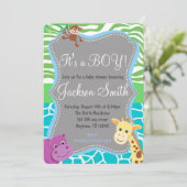 Cute Boy Baby shower Zoo Animal Invitation Kaart (Staand voorkant)