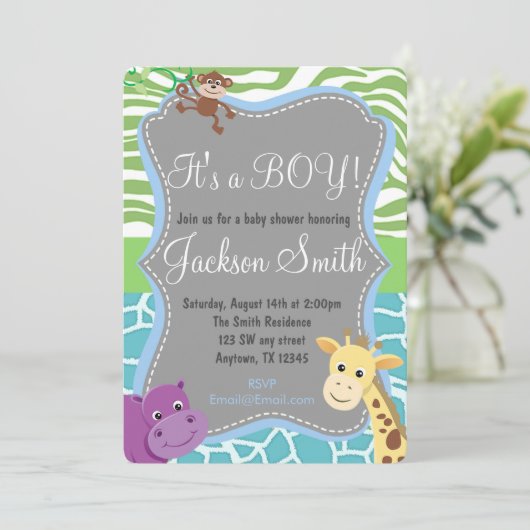 Cute Boy Baby shower Zoo Animal Invitation Kaart (Staand voorkant)
