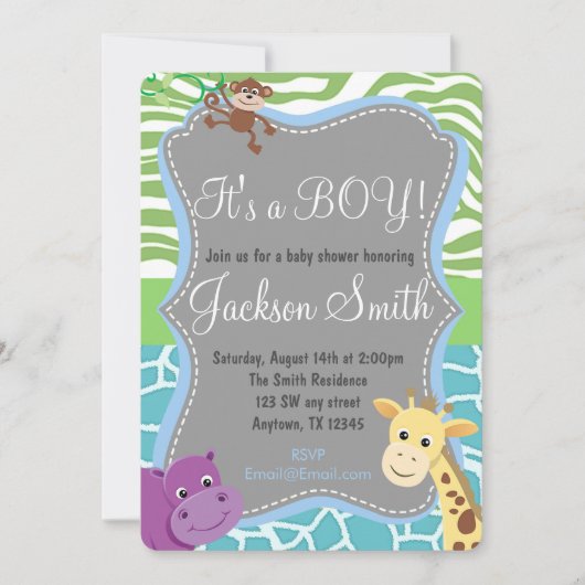 Cute Boy Baby shower Zoo Animal Invitation Kaart (Voorkant)