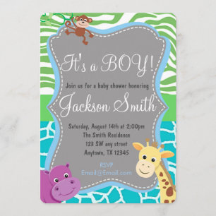 Cute Boy Baby shower Zoo Animal Invitation Kaart