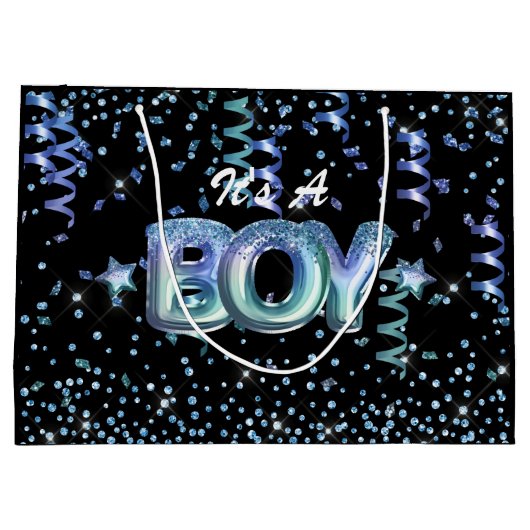 Cute boy baby shower zwarte blauwe glitter ster groot cadeauzakje (Achterkant)