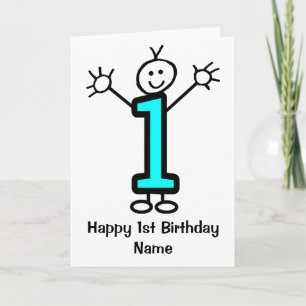 Cute Boy Blue Funny Cartoon 1st Birthday Card Kaart