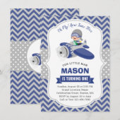 Cute Boy Blue Grey Airplane 1st Birthday Party Kaart (Voorkant / Achterkant)