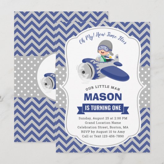 Cute Boy Blue Grey Airplane 1st Birthday Party Kaart (Voorkant / Achterkant)