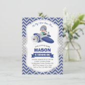 Cute Boy Blue Grey Airplane 1st Birthday Party Kaart (Staand voorkant)