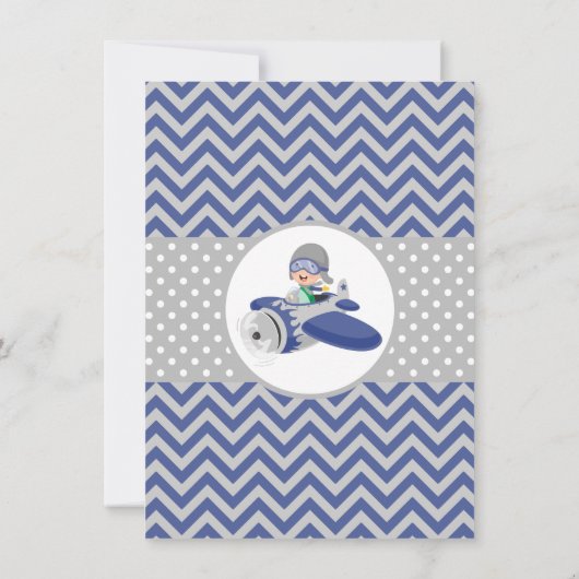 Cute Boy Blue Grey Airplane 1st Birthday Party Kaart (Achterkant)