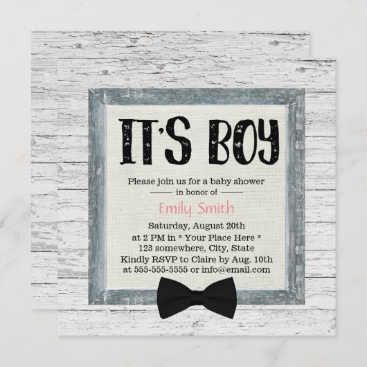 Cute Boy Bow Stropdas Rustic Wood Baby shower Kaart (Voorkant / Achterkant)