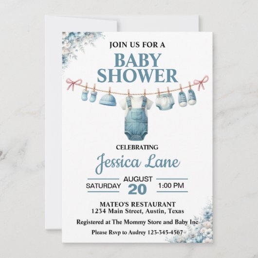 Cute Boy Clothesline Baby Shower Uitnodiging (Voorkant)
