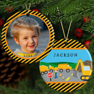 Cute Boy Construction Vehicle Kinder met kerstmis Keramisch Ornament