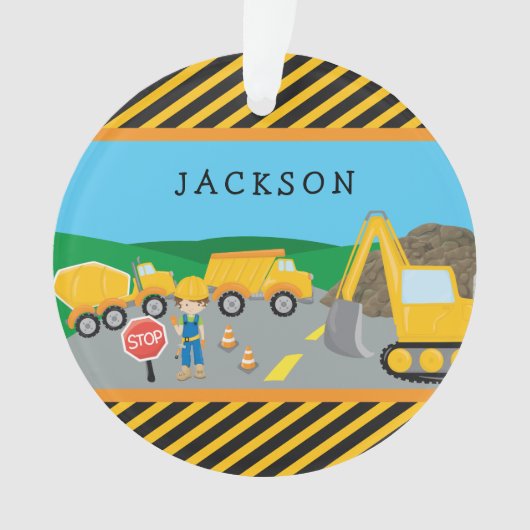 Cute Boy Construction Vehicle Kinder met kerstmis Ornament (voorkant)