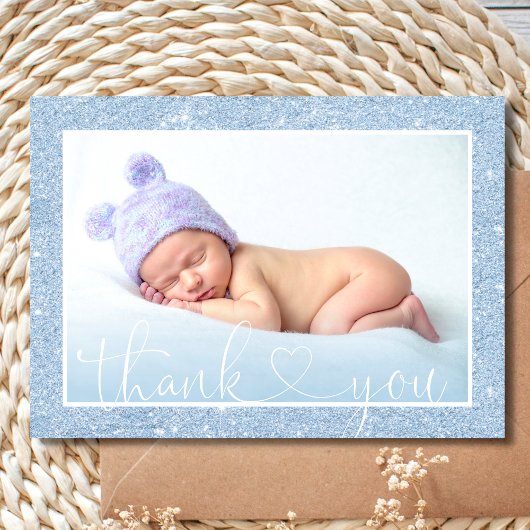Cute BOY DANK JE Blue Glitter FOTO Baby shower Aankondiging