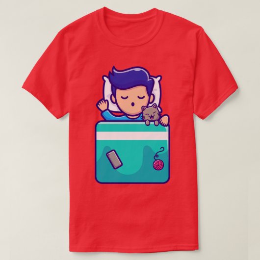 Cute Boy die slaapt met kat Cartoon T-shirt (Design voorkant)