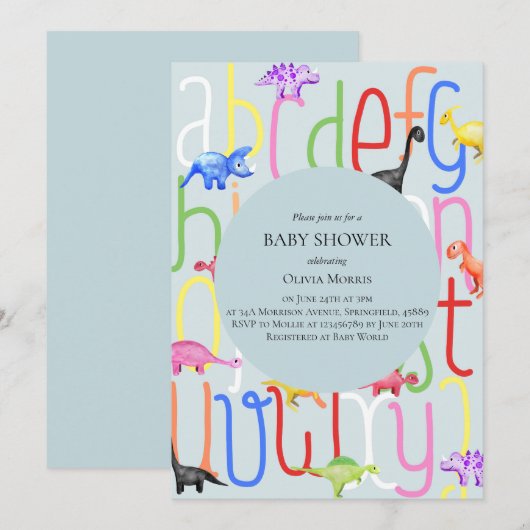 Cute Boy Dinosaur en Alphabet Baby shower Kaart (Voorkant / Achterkant)