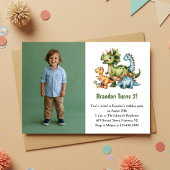 Cute Boy Dinosaur Photo Kids 2nd Birthday Party Kaart