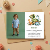 Cute Boy Dinosaur Photo Kids 2nd Birthday Party Kaart