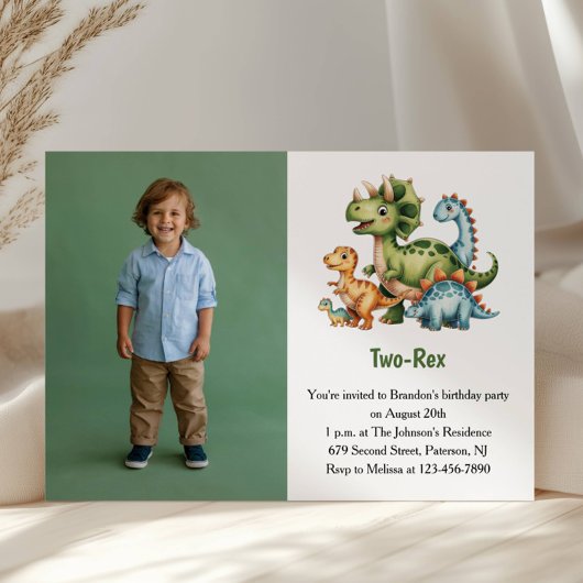 Cute Boy Dinosaur Photo Kids 2nd Birthday Party Kaart