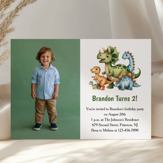 Cute Boy Dinosaur Photo Kids 2nd Birthday Party Kaart