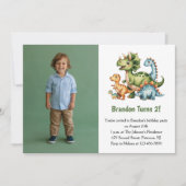 Cute Boy Dinosaur Photo Kids 2nd Birthday Party Kaart (Voorkant)