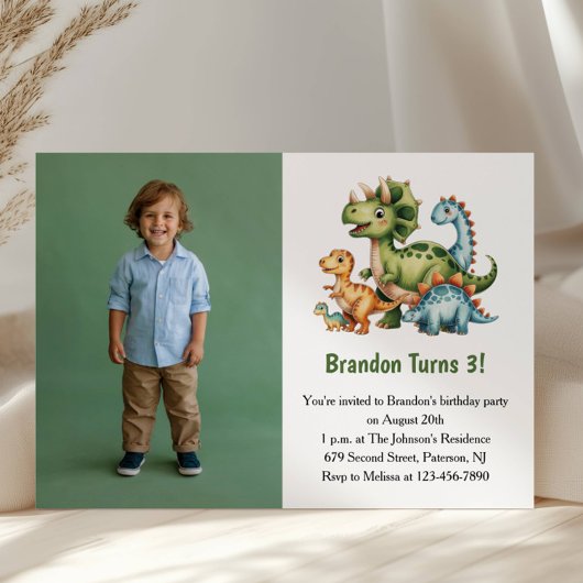 Cute Boy Dinosaur Photo Kids 3rd Birthday Party Kaart