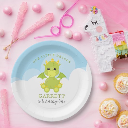 Cute Boy Dragon 1st Birthday Papieren Bordje (Feest)