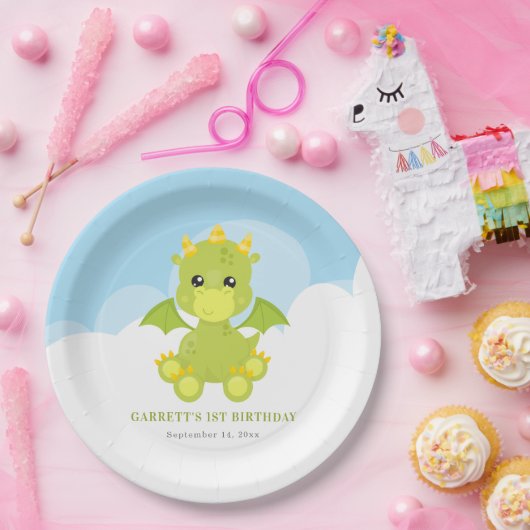 Cute Boy Dragon 1st Birthday Papieren Bordje (Feest)