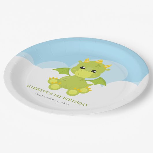 Cute Boy Dragon 1st Birthday Papieren Bordje (Gekanteld)