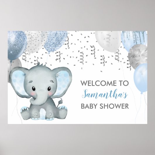 Cute Boy Elephant Balloons Baby shower Poster (Voorkant)