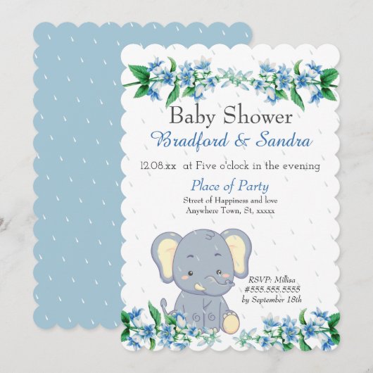 Cute Boy Elephant Blue Floral Baby shower Kaart (Voorkant / Achterkant)