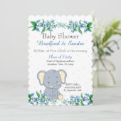 Cute Boy Elephant Blue Floral Baby shower Kaart (Staand voorkant)