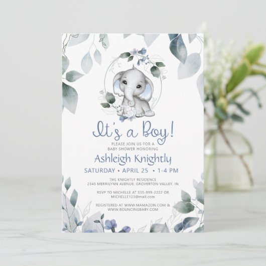 Cute Boy Elephant Waterverf Greenery Baby shower Kaart (Staand voorkant)