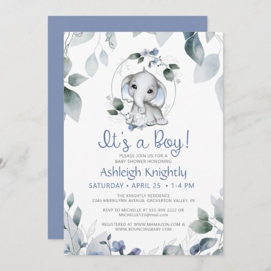 Cute Boy Elephant Waterverf Greenery Baby shower Kaart (Voorkant / Achterkant)