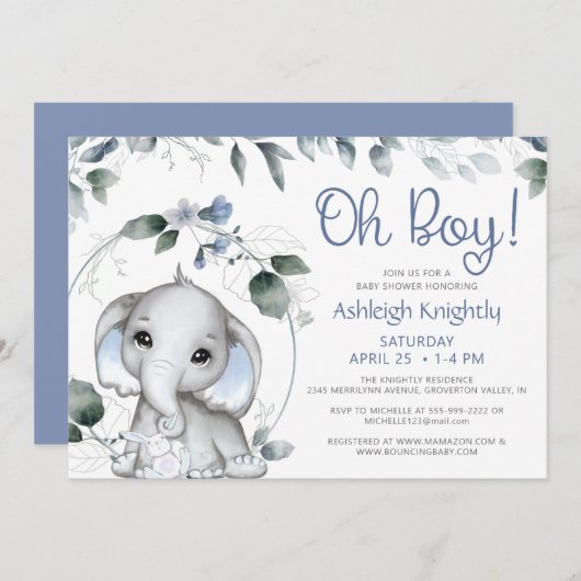 Cute Boy Elephant Waterverf Greenery Baby shower Kaart (Voorkant / Achterkant)