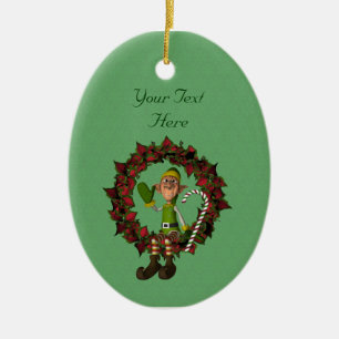 Cute Boy Elf Poinsettia Wreath Holiday Ornament