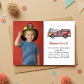 Cute Boy Firefighter Photo Kids 2nd Birthday Party Kaart