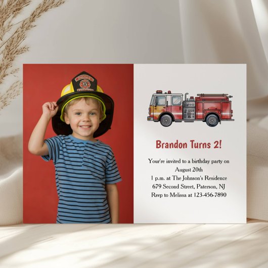 Cute Boy Firefighter Photo Kids 2nd Birthday Party Kaart