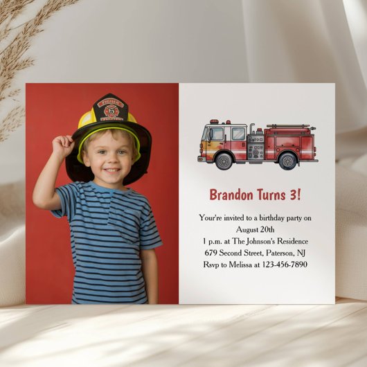 Cute Boy Firefighter Photo Kids 3rd Birthday Party Kaart