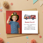 Cute Boy Firefighter Photo Kids 4th Birthday Party Kaart
