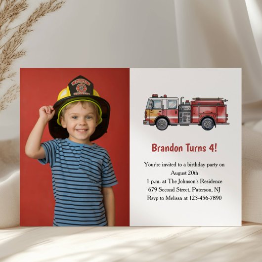 Cute Boy Firefighter Photo Kids 4th Birthday Party Kaart