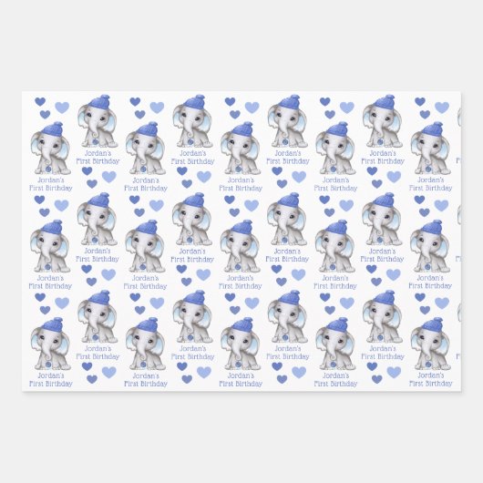 Cute Boy First Birthday Blue Elephant Personalized Inpakpapier Vel (Voorkant 3)