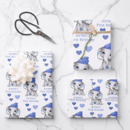 Cute Boy First Birthday Blue Elephant Personalized Inpakpapier Vel (Voorkant)