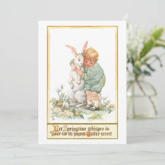 Cute  Boy Hugging Easter Bunny Feestdagenkaart (Staand voorkant)