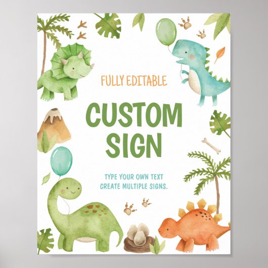 Cute Boy Jungle Dinosaur Birthday Party Table Sign Poster (Voorkant)