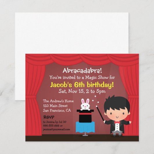 Cute Boy Magicia Magic Birthday Party Uitnodiginge Kaart (Voorkant / Achterkant)