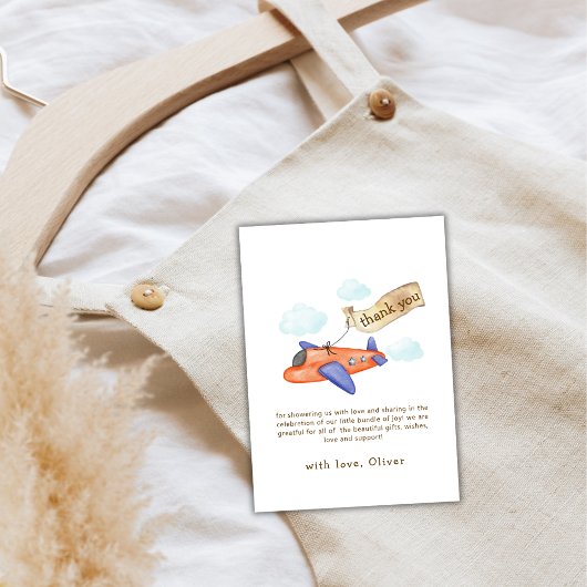 Cute Boy Minimal Aviator Airplane Baby Shower  Bedankkaart