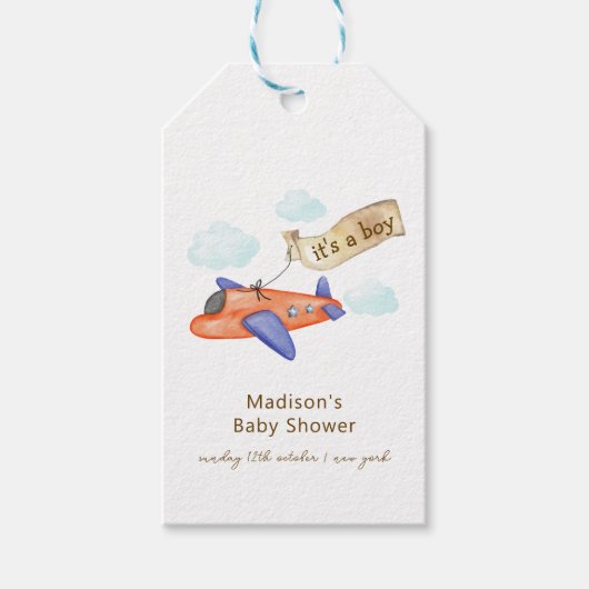 Cute Boy Minimal Aviator Airplane Baby Shower  Cadeaulabel (Voorkant)