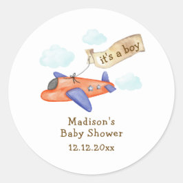 Cute Boy Minimal Aviator Airplane Baby Shower  Ronde Sticker