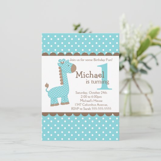 Cute Boy Oerwoud Safari Blue Giraffe Birthday Part Kaart (Staand voorkant)