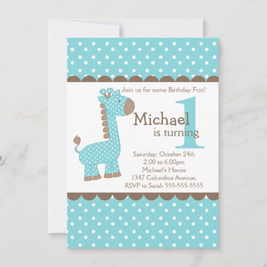 Cute Boy Oerwoud Safari Blue Giraffe Birthday Part Kaart (Voorkant)