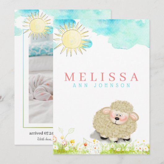Cute boy of girl lamb pastel sun baby aankondiging (Voorkant / Achterkant)
